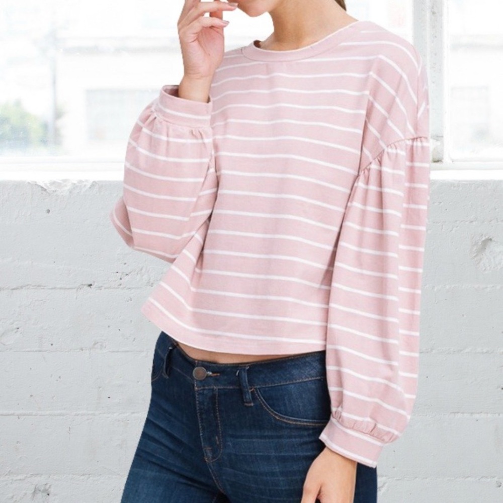 Pink Puff Sleeve Crewneck Crop Sweatshirt